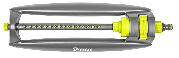 Oscillating sprinkler bar with yellow-green spray dial and side hose connector