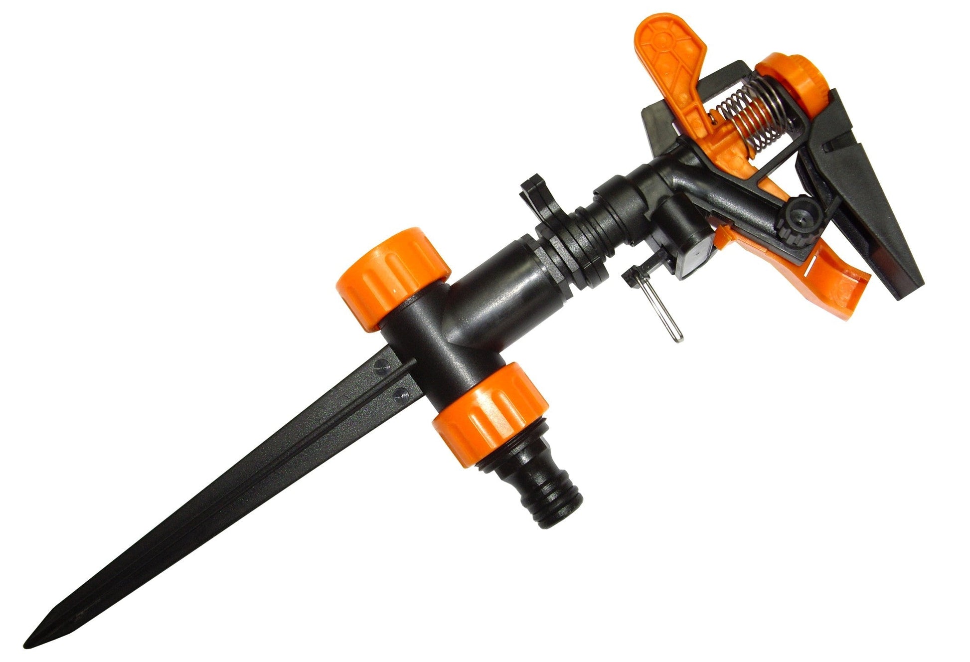 Sprinkler on spike with adjustable connector, orange accents on black body