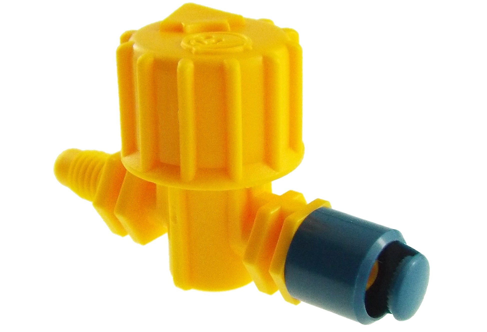 Close-up of yellow Vari-Jet 180° connector with blue end port and side fitting