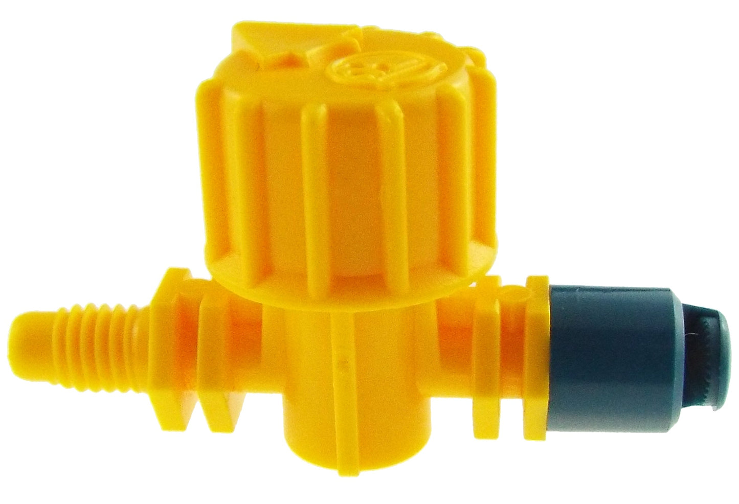 Yellow Vari-Jet 180° spray fitting with blue nozzle opening and threaded ports