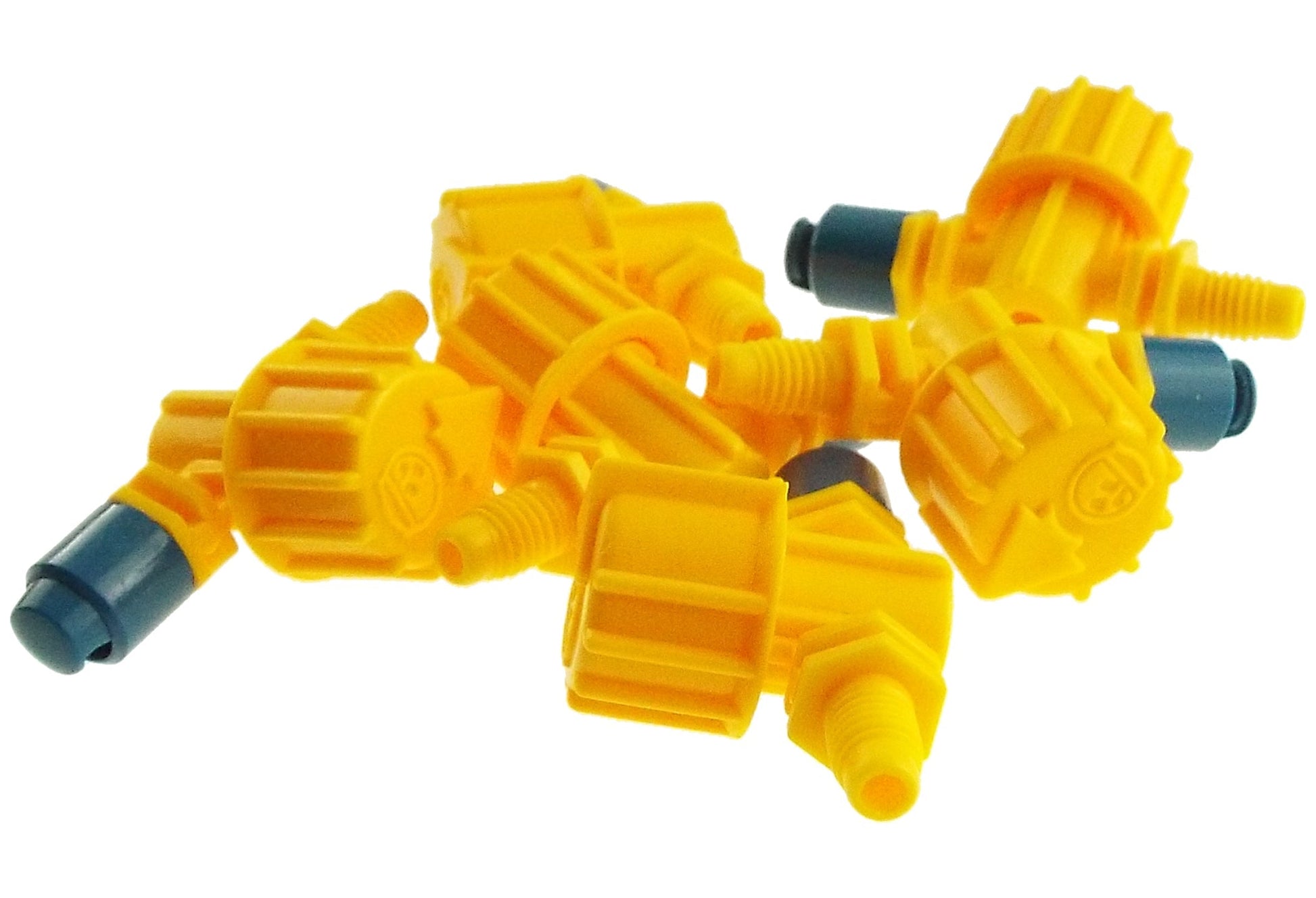 Multiple Vari-Jet 180° connectors in yellow with blue end ports and outlets