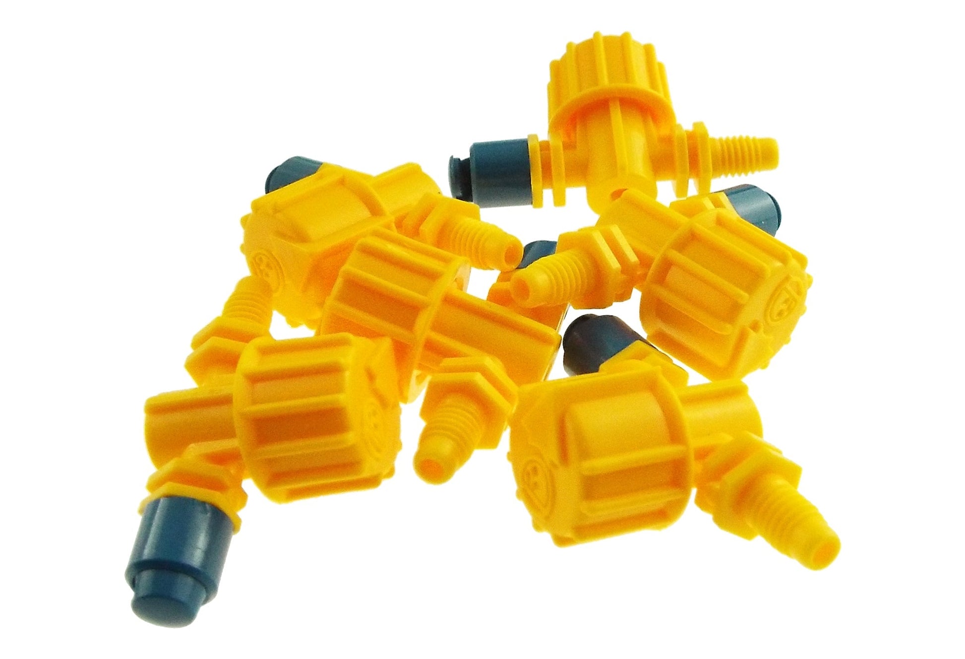Cluster of yellow Vari-Jet 180° spray fittings with blue ports and threaded bases