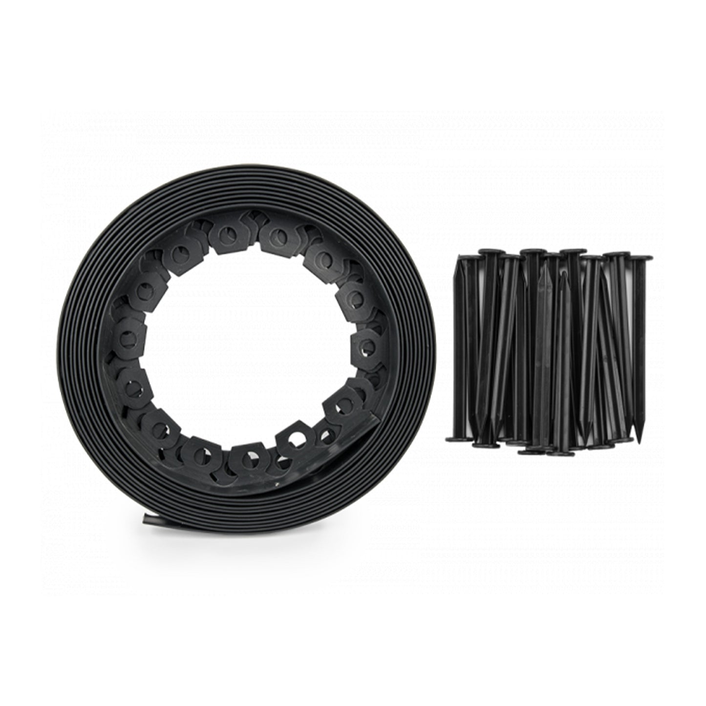 Black circular edging border strip and separate ground pegs