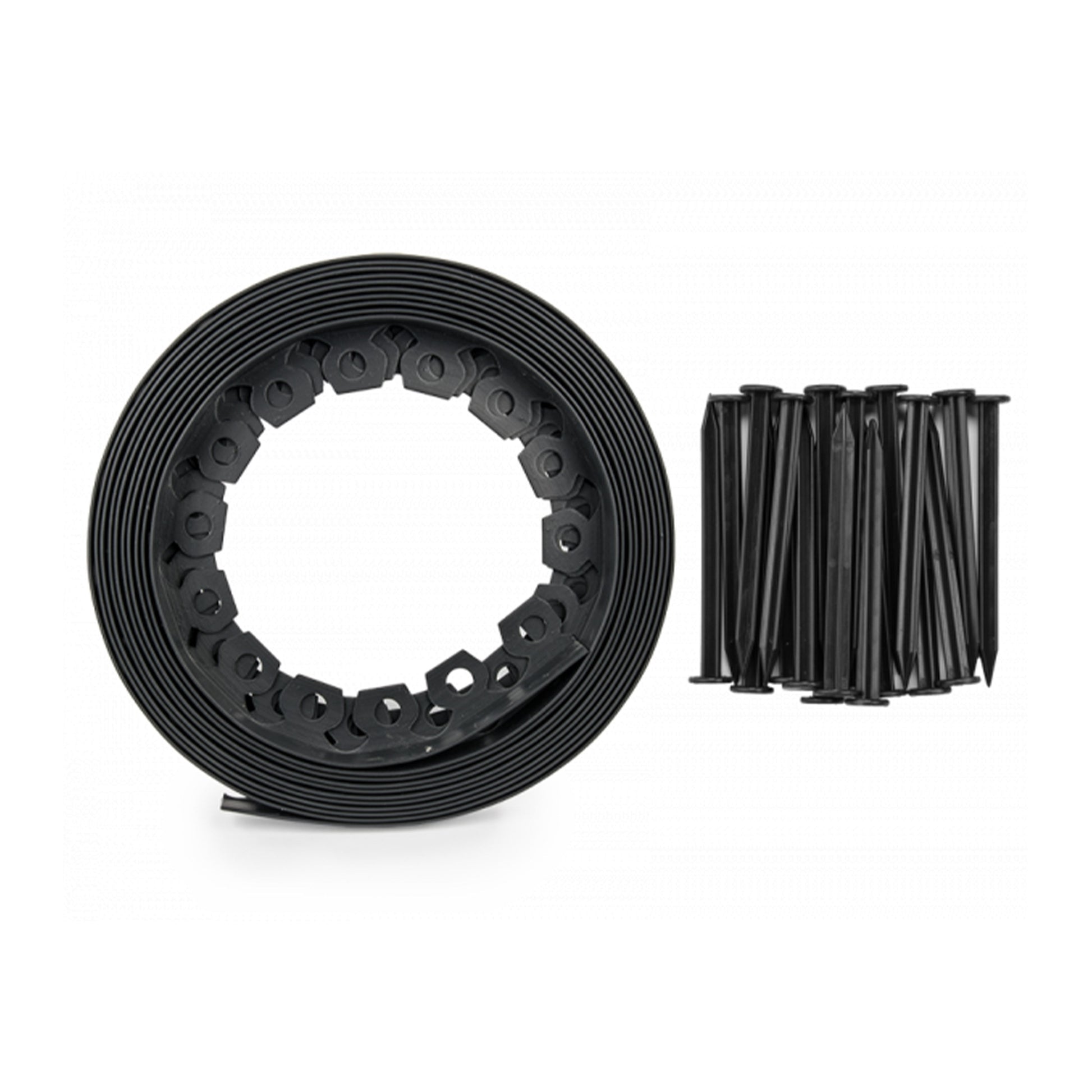 Black circular edging border strip and separate ground pegs