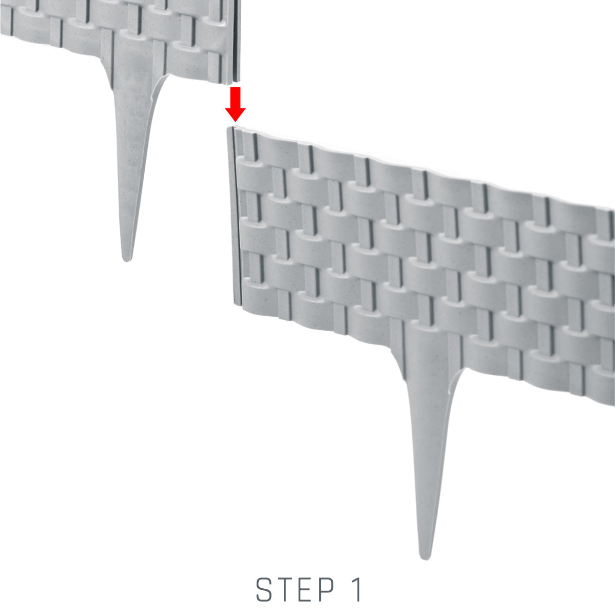 Grey lawn edging interlock close-up, pointed stakes and clasped section edge