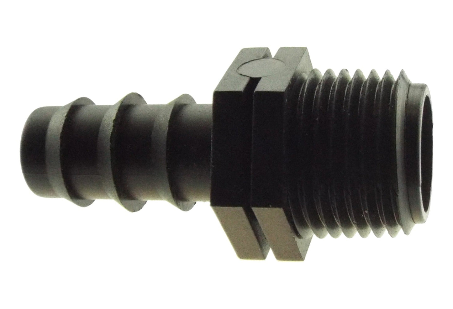 1/2" irrigation pipe joiner with 3/4" BSPM thread, barbed end