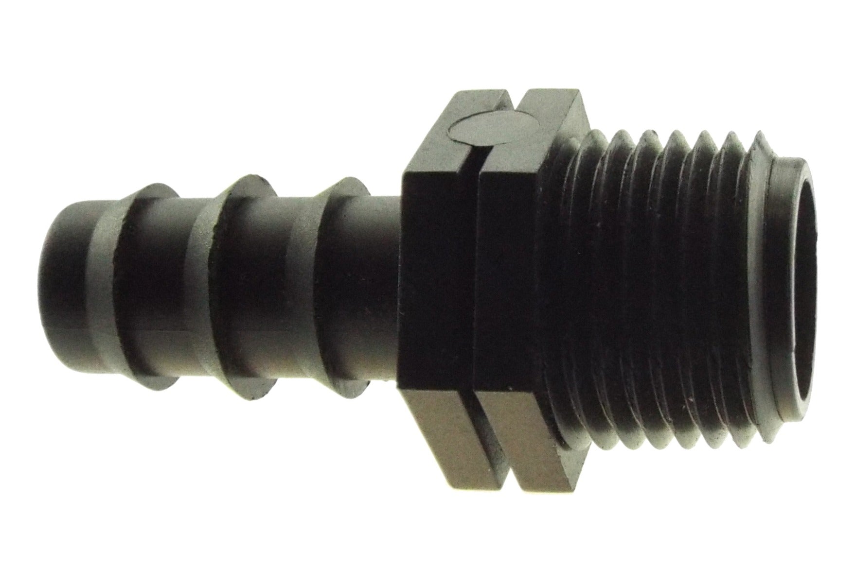 1/2" irrigation pipe joiner with 3/4" BSPM thread, barbed end