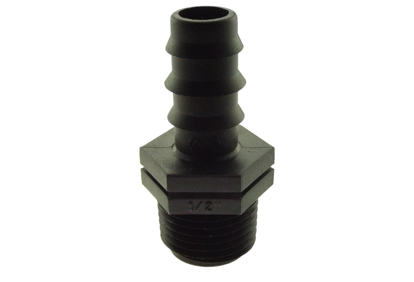 Black 1/2" irrigation pipe joiner, hex head and 3/4" BSPM thread