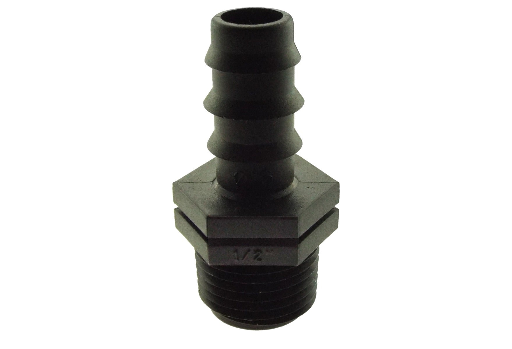 Black 1/2" irrigation pipe joiner, hex head and 3/4" BSPM thread