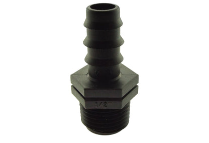 Black 1/2" irrigation pipe joiner, hex head and 3/4" BSPM thread