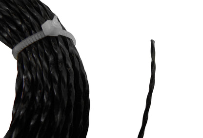 Black twisted strimmer line strand, close-up end section