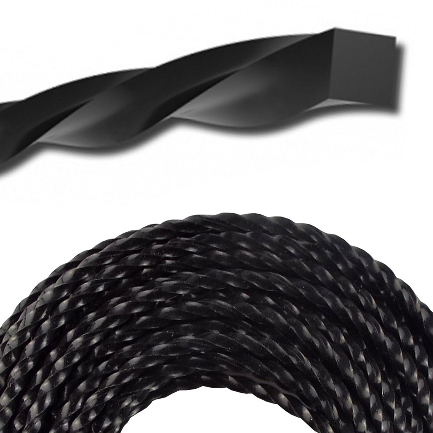 Twisted black strimmer line cord, detailed close-up texture