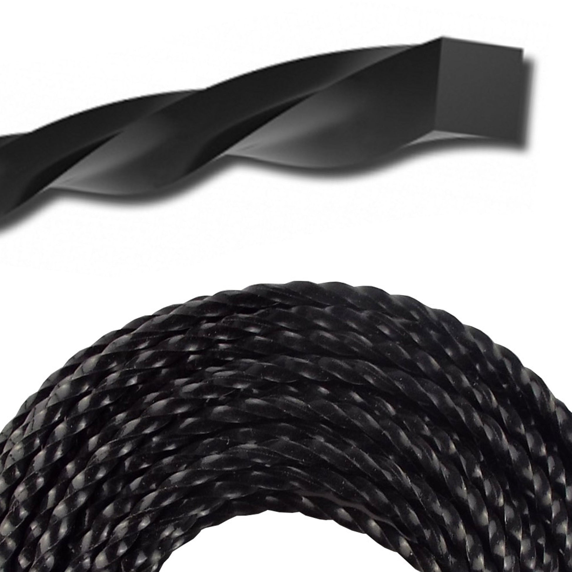 Twisted black strimmer line cord, detailed close-up texture