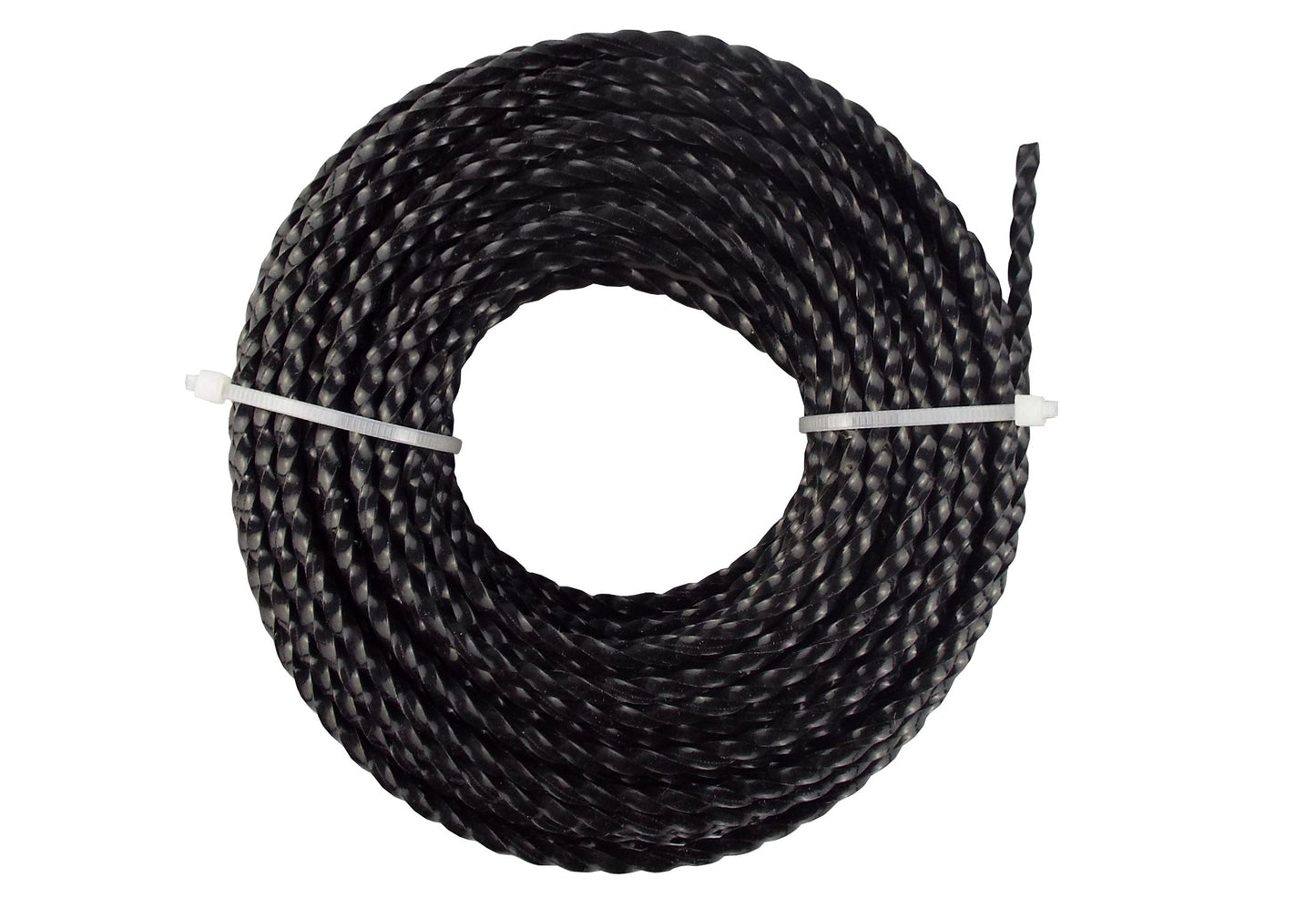 Coiled black twisted strimmer line, tied bundle, 2mm x 15m
