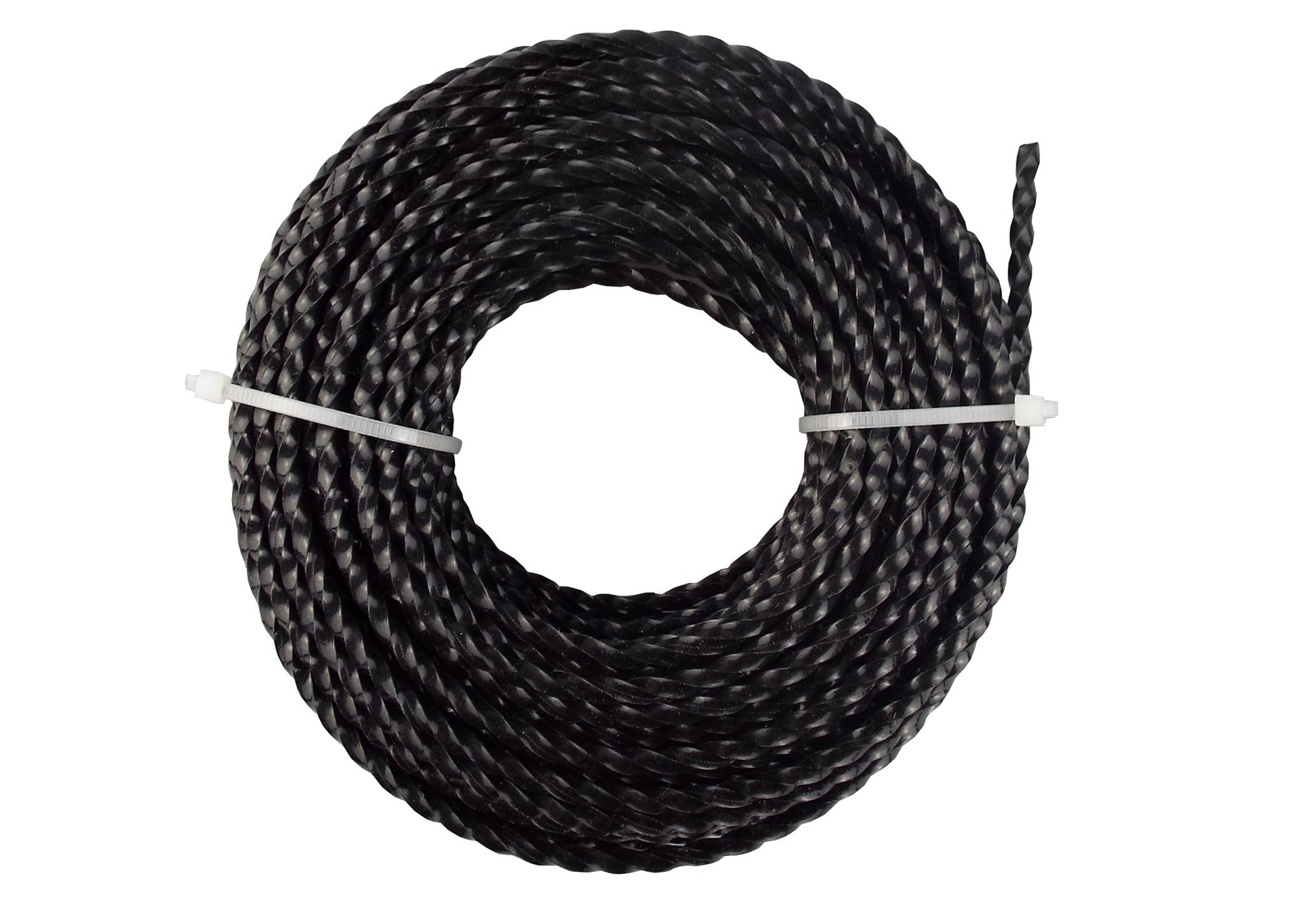 Coiled black twisted strimmer line, tied bundle, 2mm x 15m