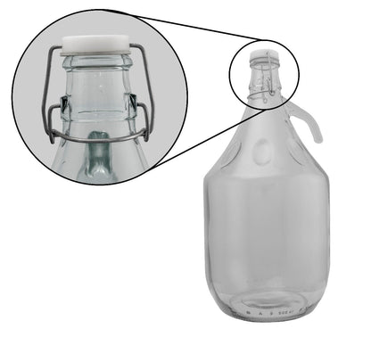 Glass demijohn bottle with swing-top cap; inset shows latch and seal ring