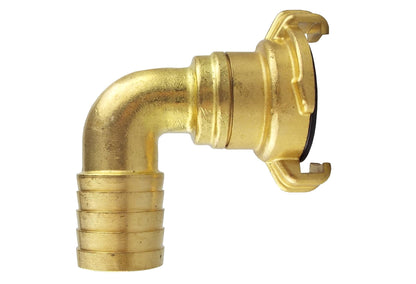 Brass 1/2 inch swivel hose elbow fitting, barbed end and locking clamp body