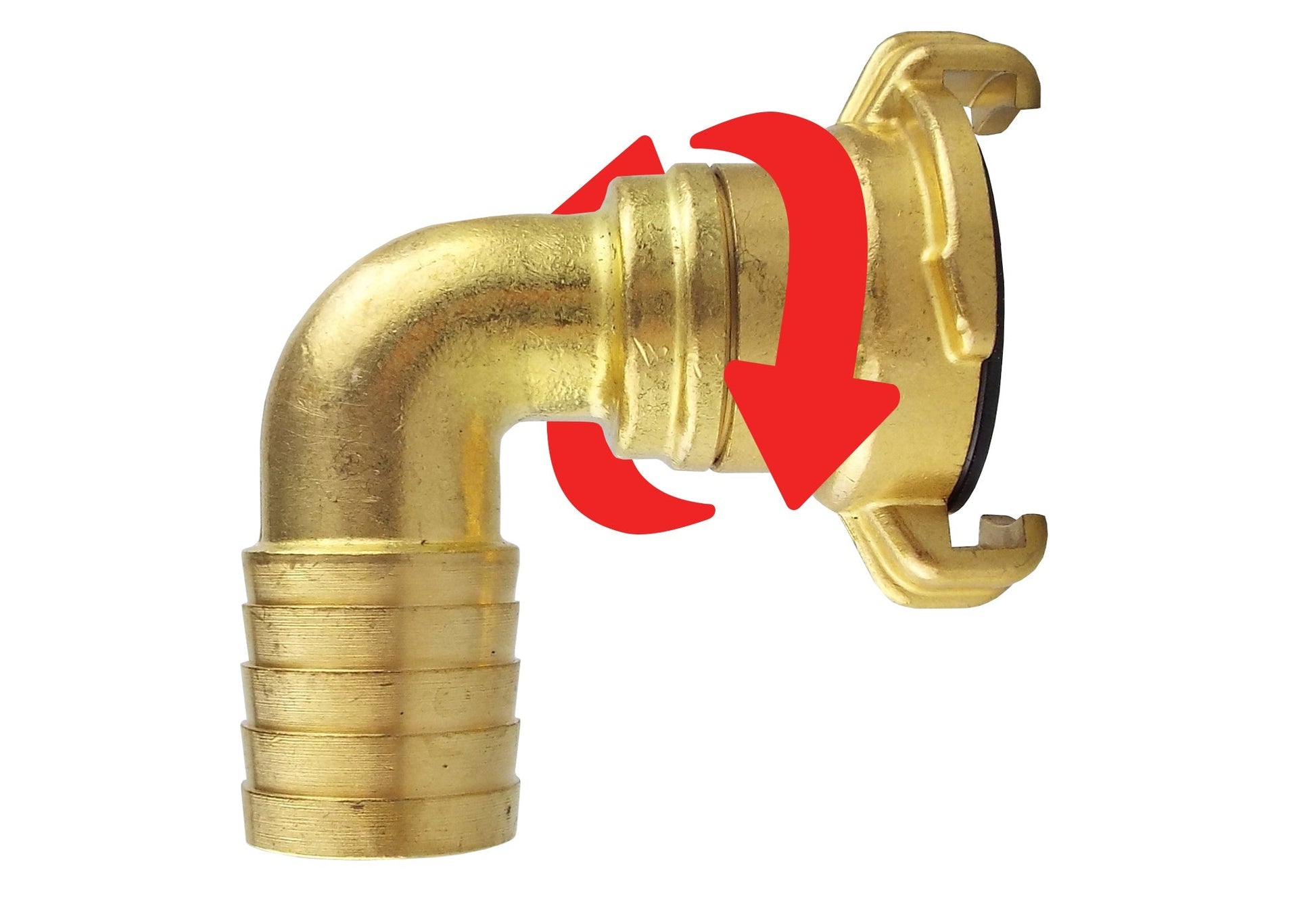 Brass 3/4 inch swivel elbow with curved outlet and black rubber seal