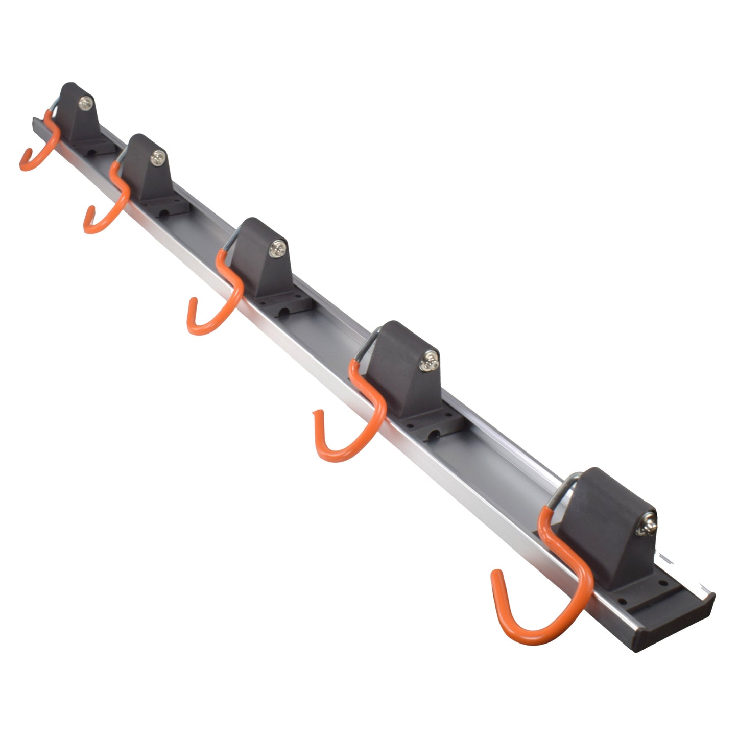 Metal tool rack rail with 5 orange S hooks and black mounting brackets