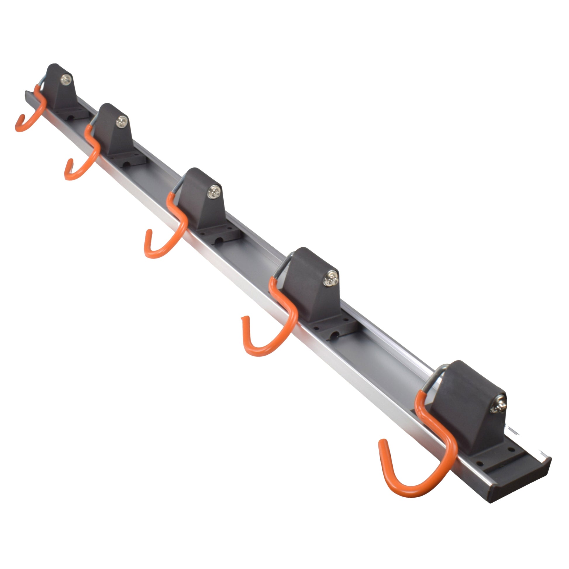 Metal tool rack rail with 5 orange S hooks and black mounting brackets