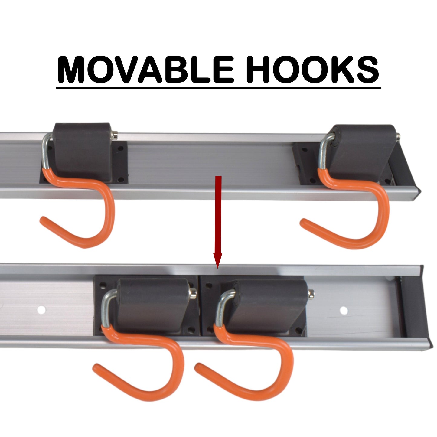 Tool rack rail with movable S hooks, 5 hooks shown along the bar