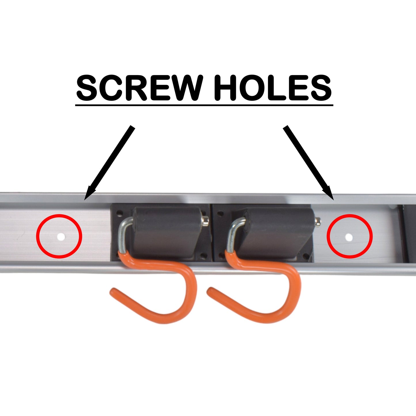 Tool rack rail with screw holes for mounting brackets under the 5 S hooks