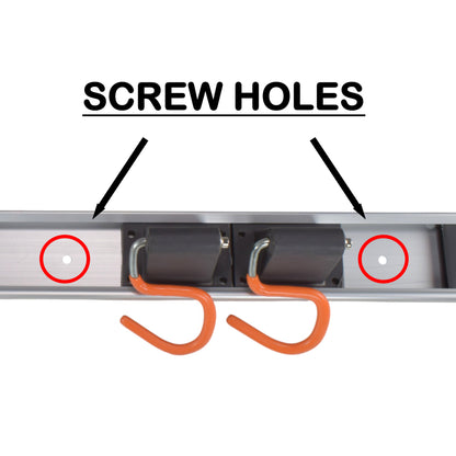 Tool rack rail with screw holes for mounting brackets under the 5 S hooks