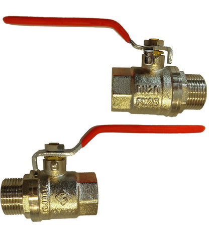 Brass lever valve with red handles, showing BSPM threads and body markings