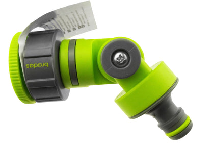 Lime tap connector close-up with ridged grey collar, grey screw, and hose outlet