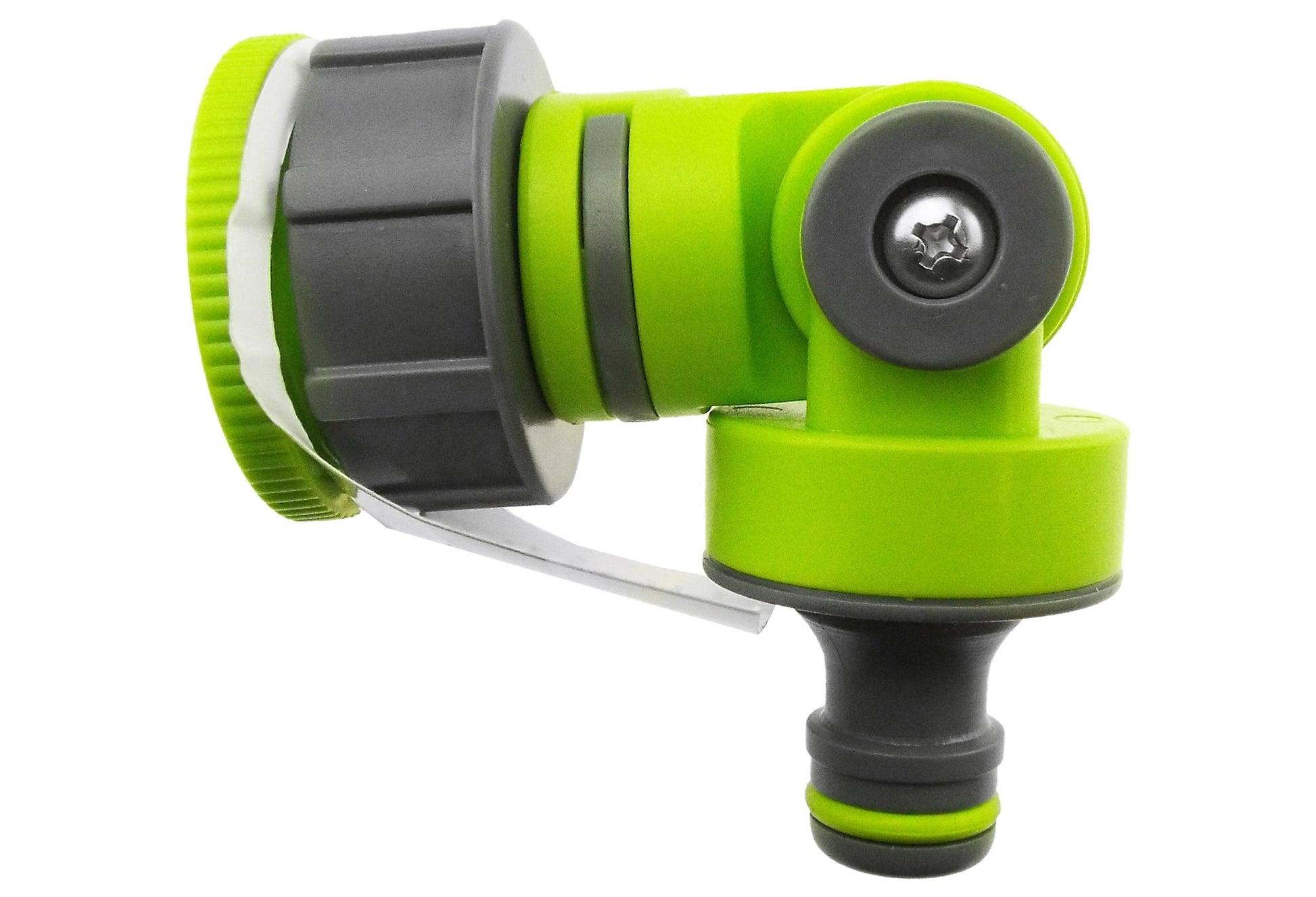 Side view of lime adjustable tap connector with grey cap, black hose ends, and gasket
