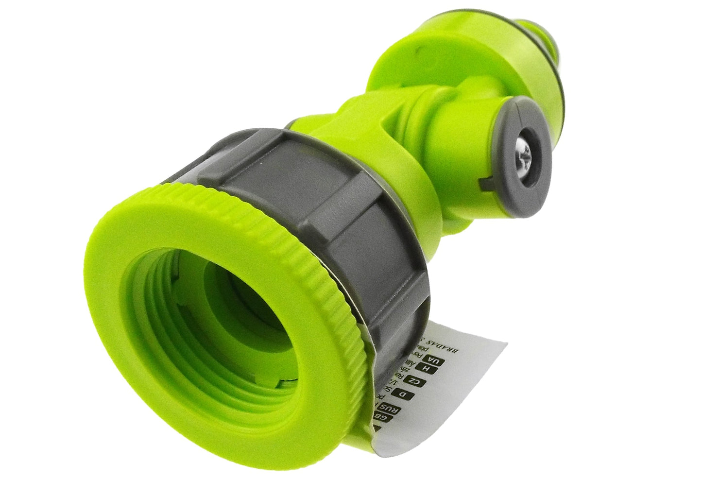 Lime tap adapter with textured grip, grey threaded inlet and black rubber ring