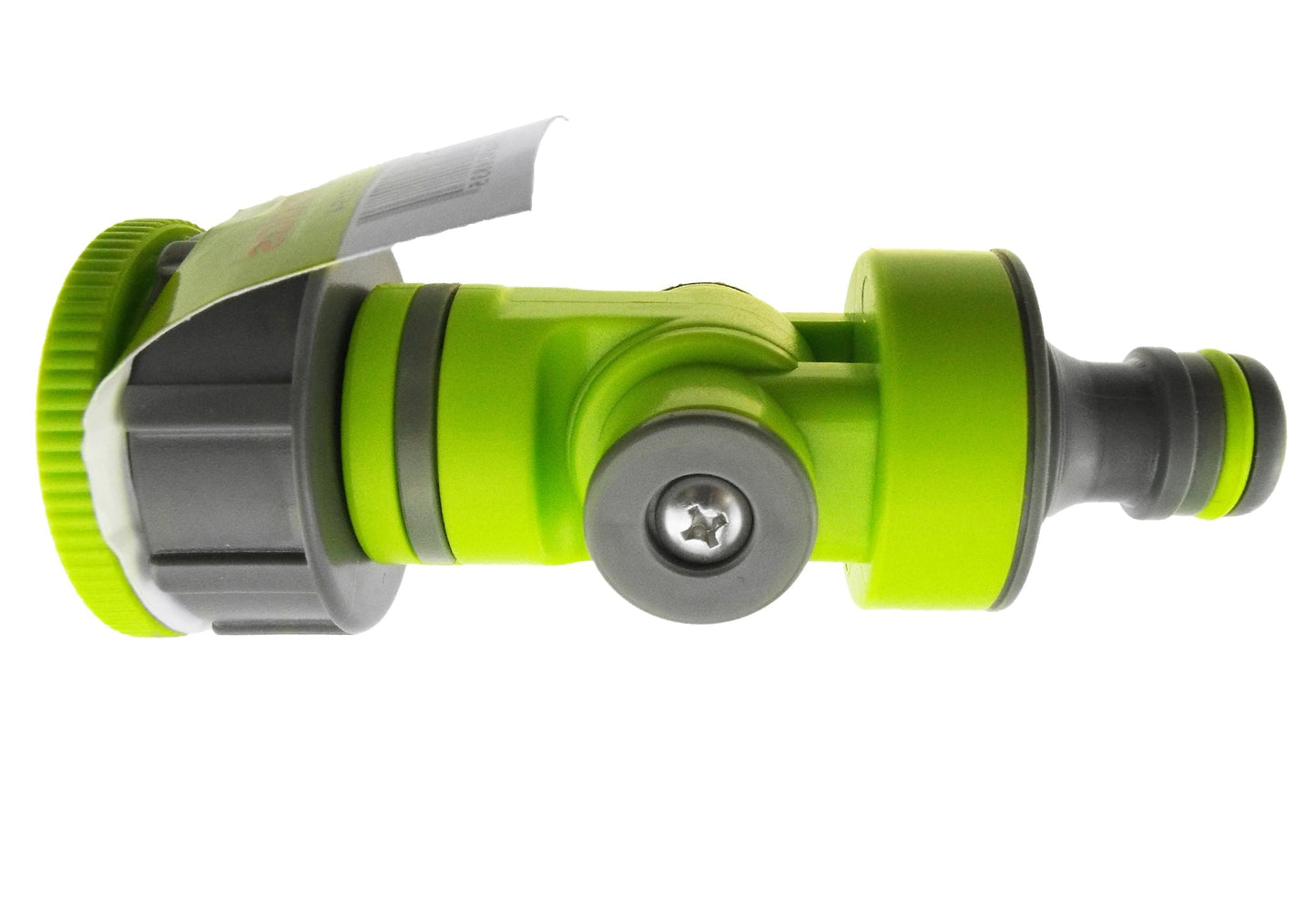 Adjustable tap connector lime green with grey knob and dual hose outlet ends