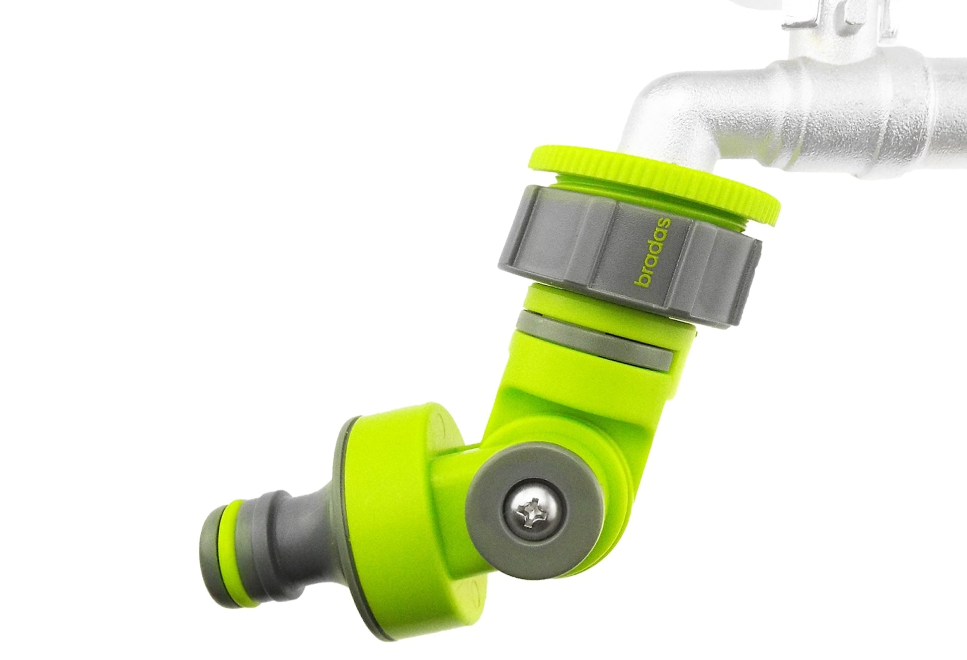 Adjustable lime tap connector with grey dial, screw center, and quick-fit fittings