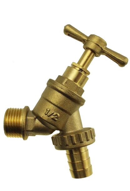 Brass garden bib tap, 1/2" BSPM marking on body and cross-handle lever