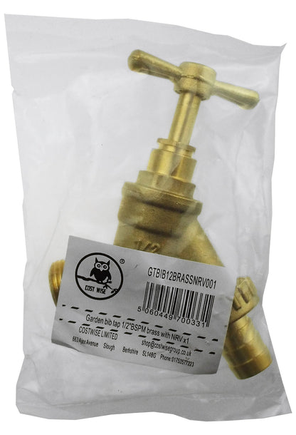 Brass garden bib tap supplied in sealed bag; shows 1/2" BSPM inlet