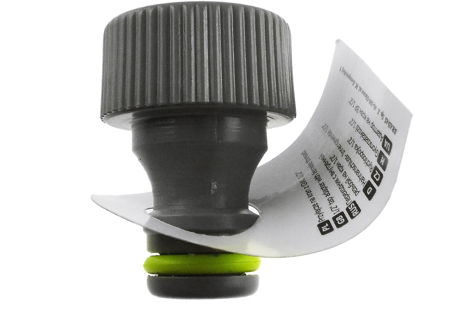 Black female tap connector with lime rubber seal ring and ribbed top cap