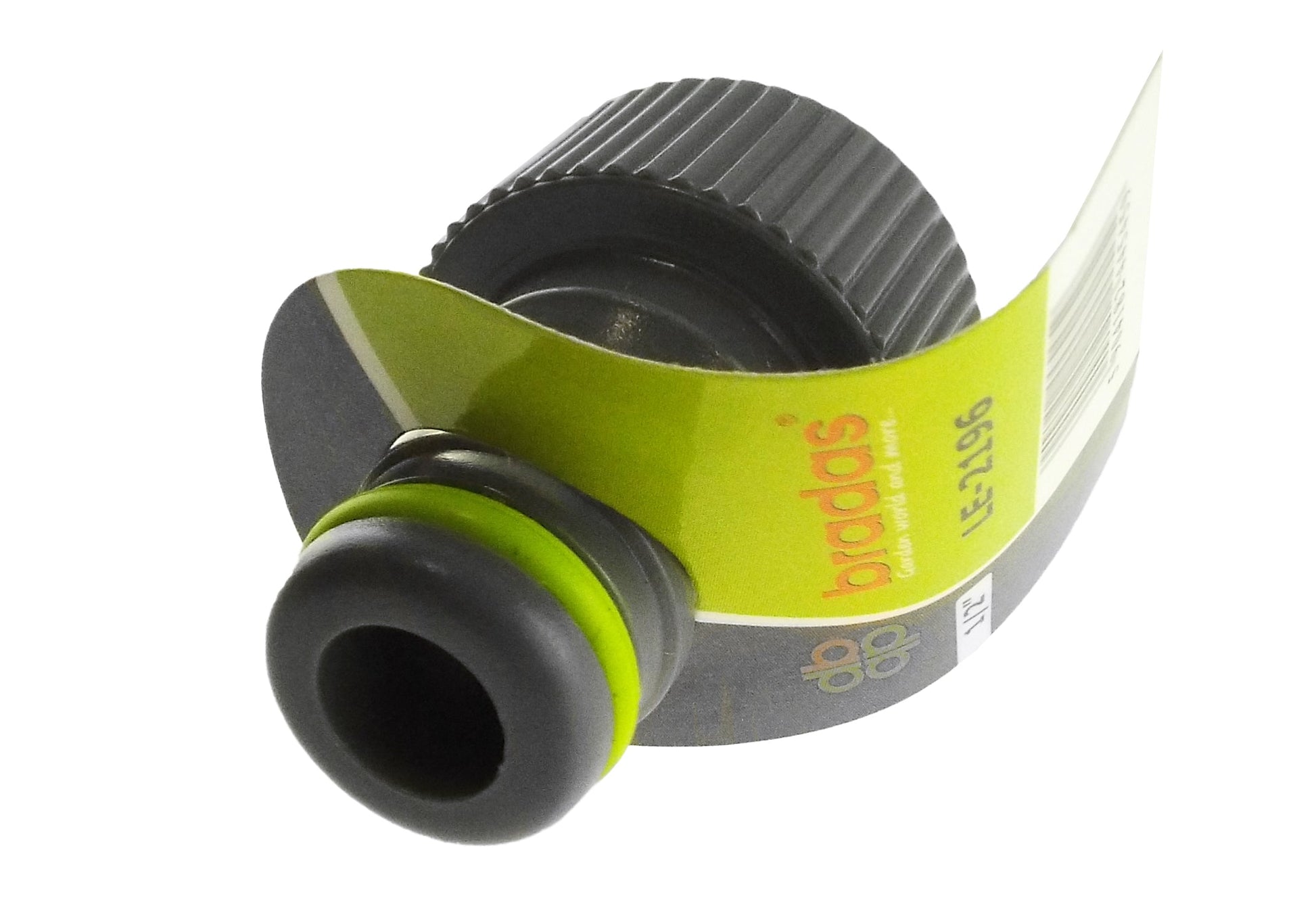 Female tap connector 3/4" BSPF with lime label, black spout and ribbed collar