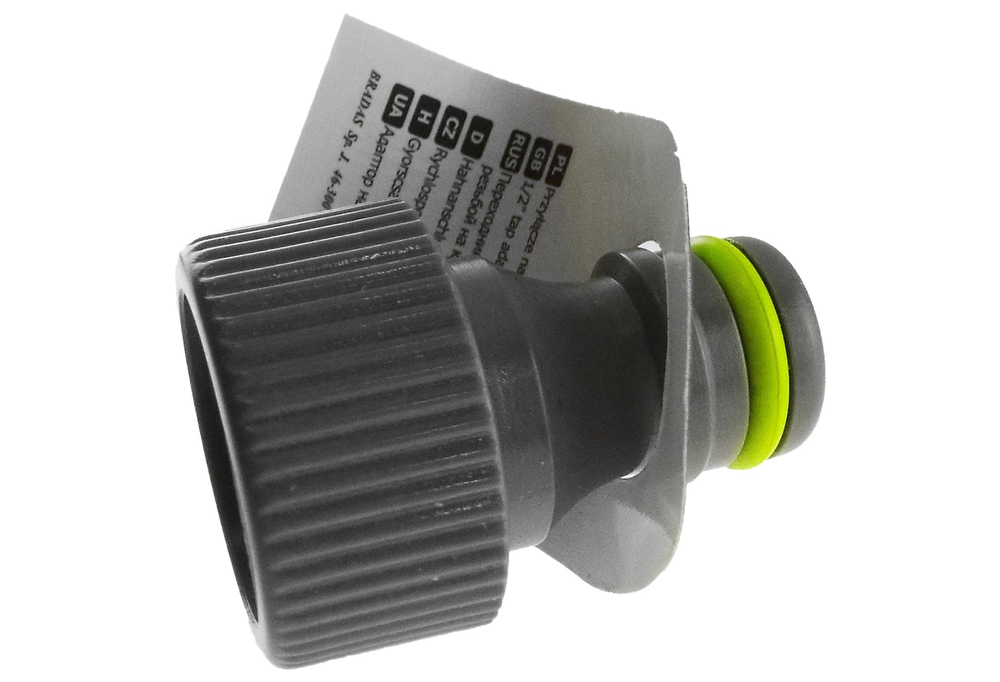 3/4" BSPF female tap connector on card backing; black ribbed end and lime O-ring