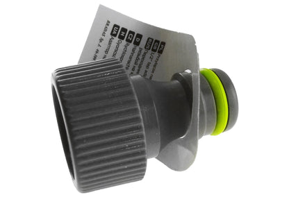 3/4" BSPF female tap connector on card backing; black ribbed end and lime O-ring