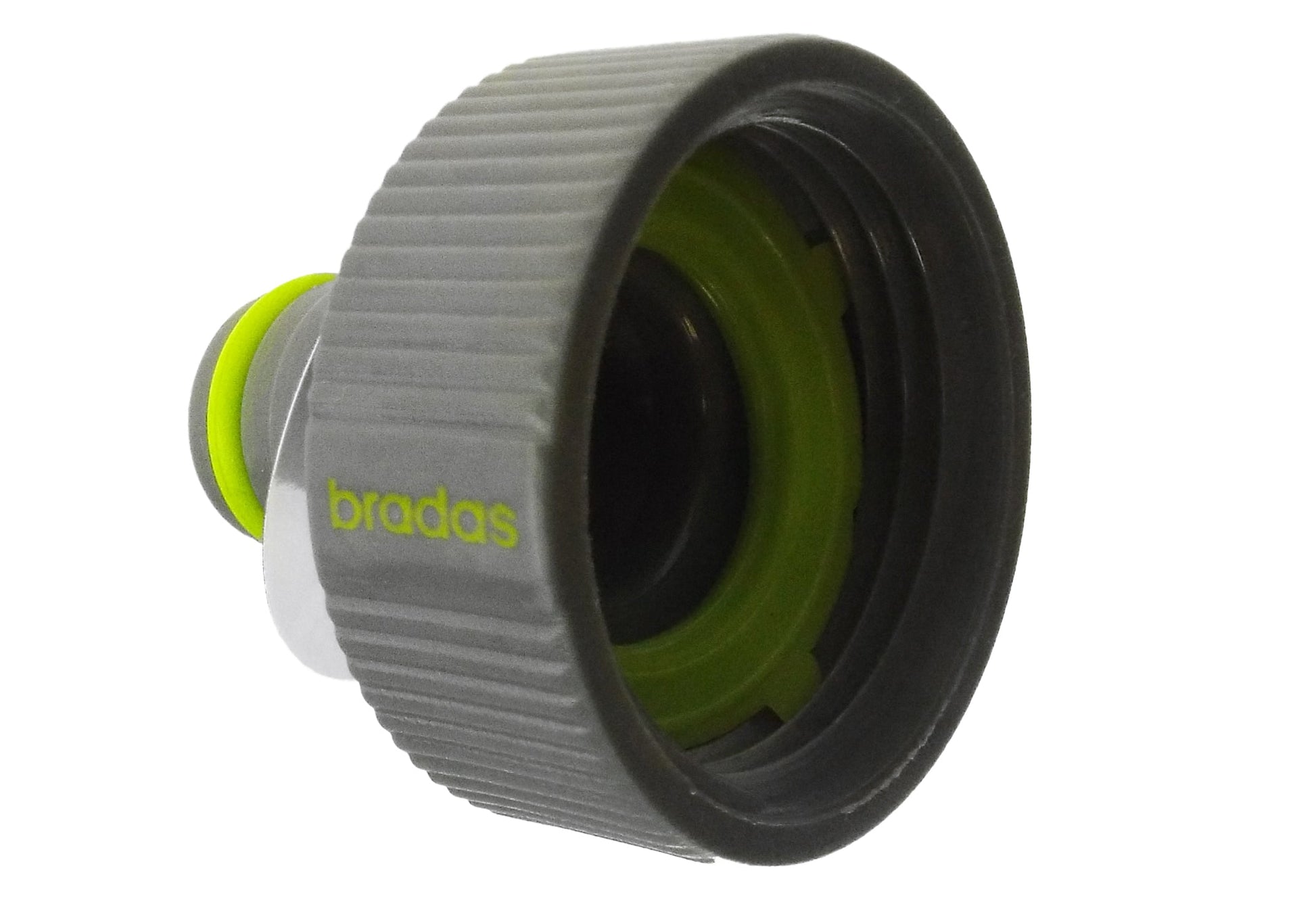 Grey ribbed base with lime O-ring and dark inner sleeve—female tap connector