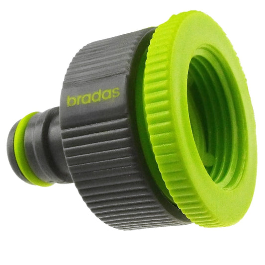 Female Tap Connector, lime green 3/4" to 1/2" BSPF, ribbed grey grip