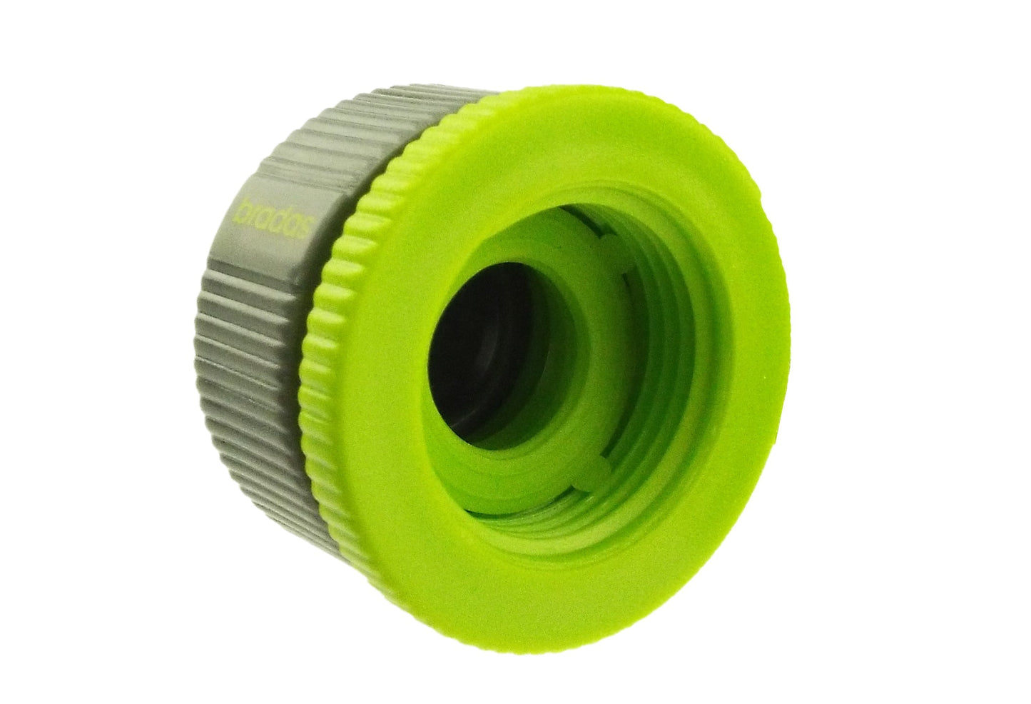 Close-up of lime-green hose connector opening with gray ribbed grip ring