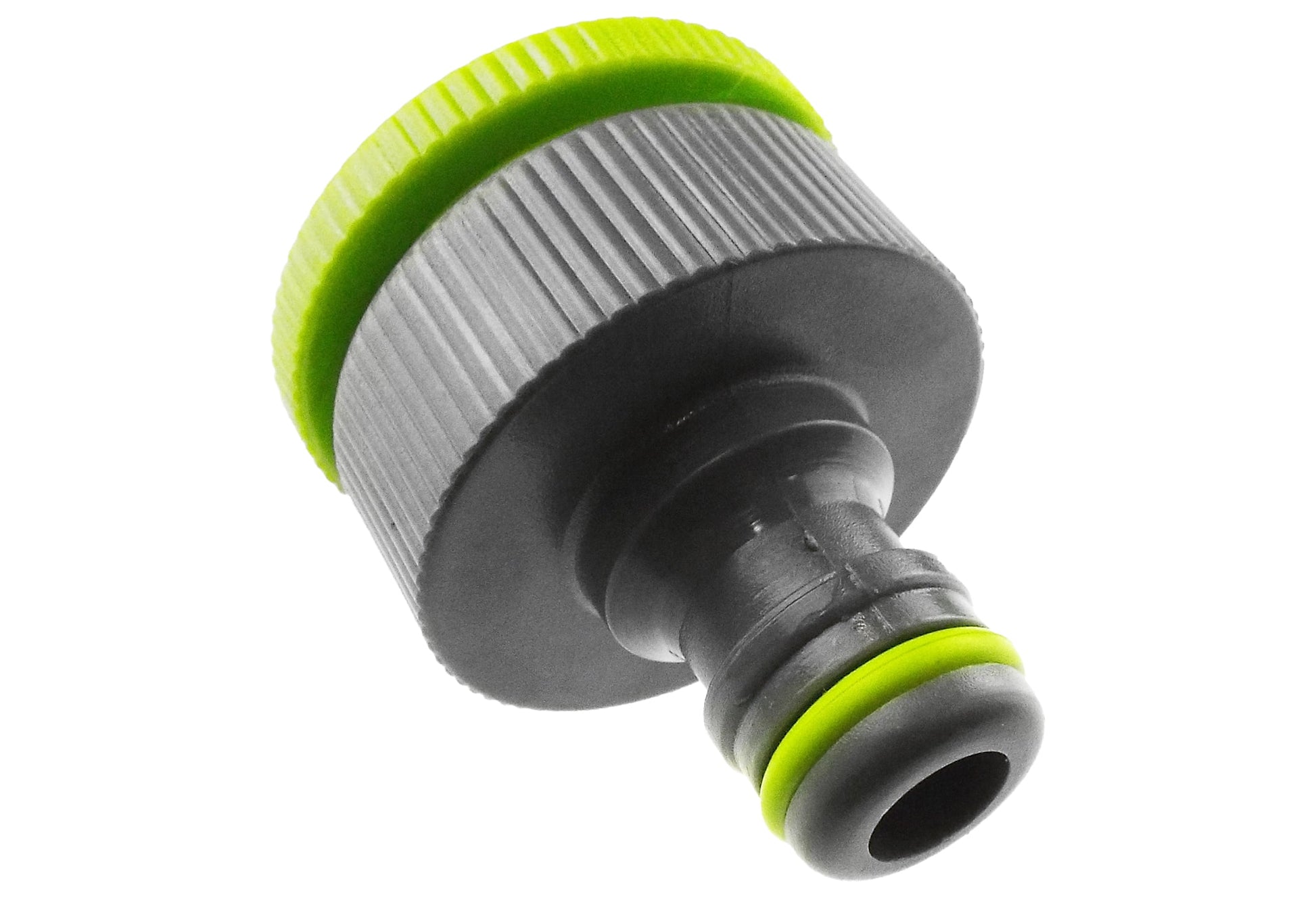 Lime BSPF tap connector end with black hose barb and ridged grey collar