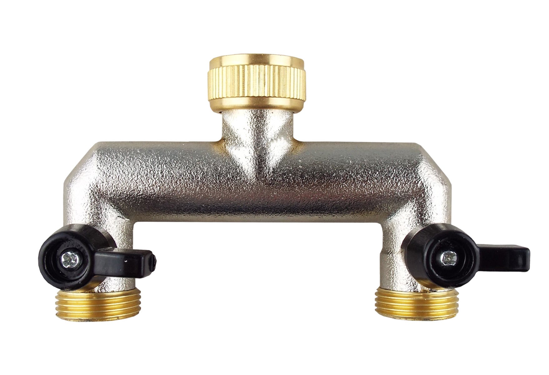 Brass two-way tap splitter, 3/4" BSP, twin outlets with black shutoff valves