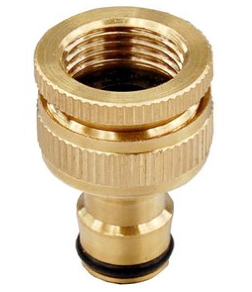 Brass tap connector with BSPF 1"–3/4" threaded ends and black O-ring