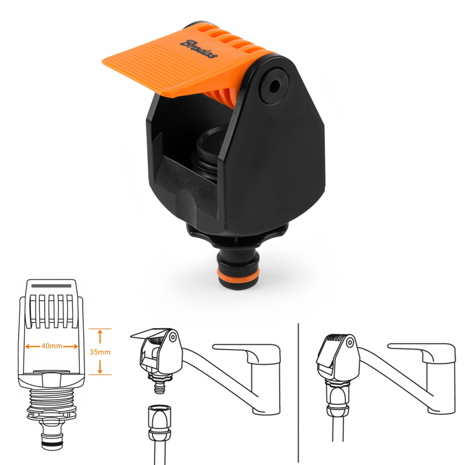 Angled view of black and orange tap adapter connection with mounting opening.