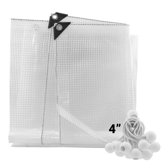 Clear tarpaulin sheet with black corner clamps and white bungee balls, 4"