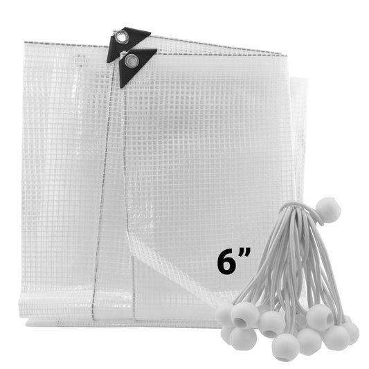 Clear tarpaulin sheet with black corner grommet tabs and white mesh grid