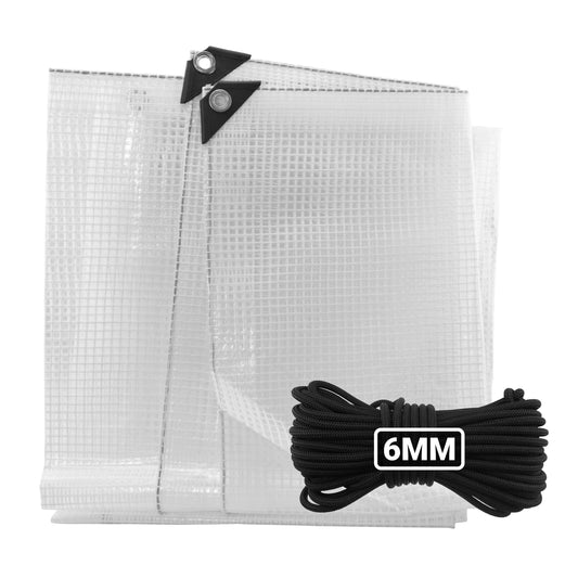 Clear M-Grade tarpaulin with corner grommets and 6mm bungee rope