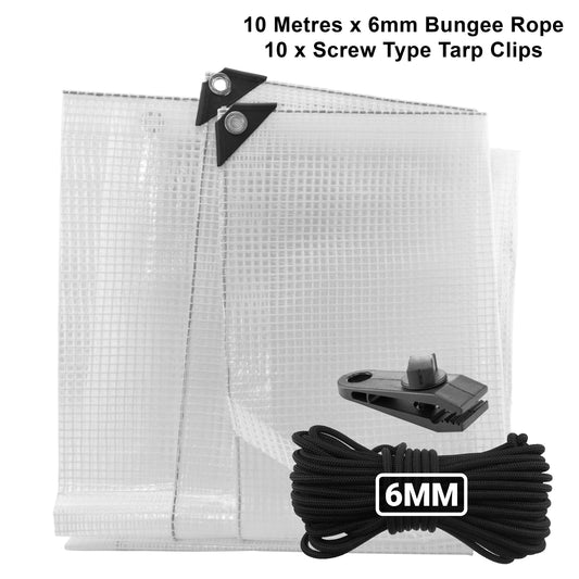 Clear tarpaulin with bungee rope and screw tarp clips (6mm, 10m, 10 pcs)
